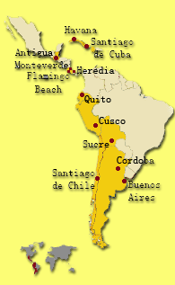 landkaartje van Latijns Amerika waarop je onze cursussteden kunt vinden